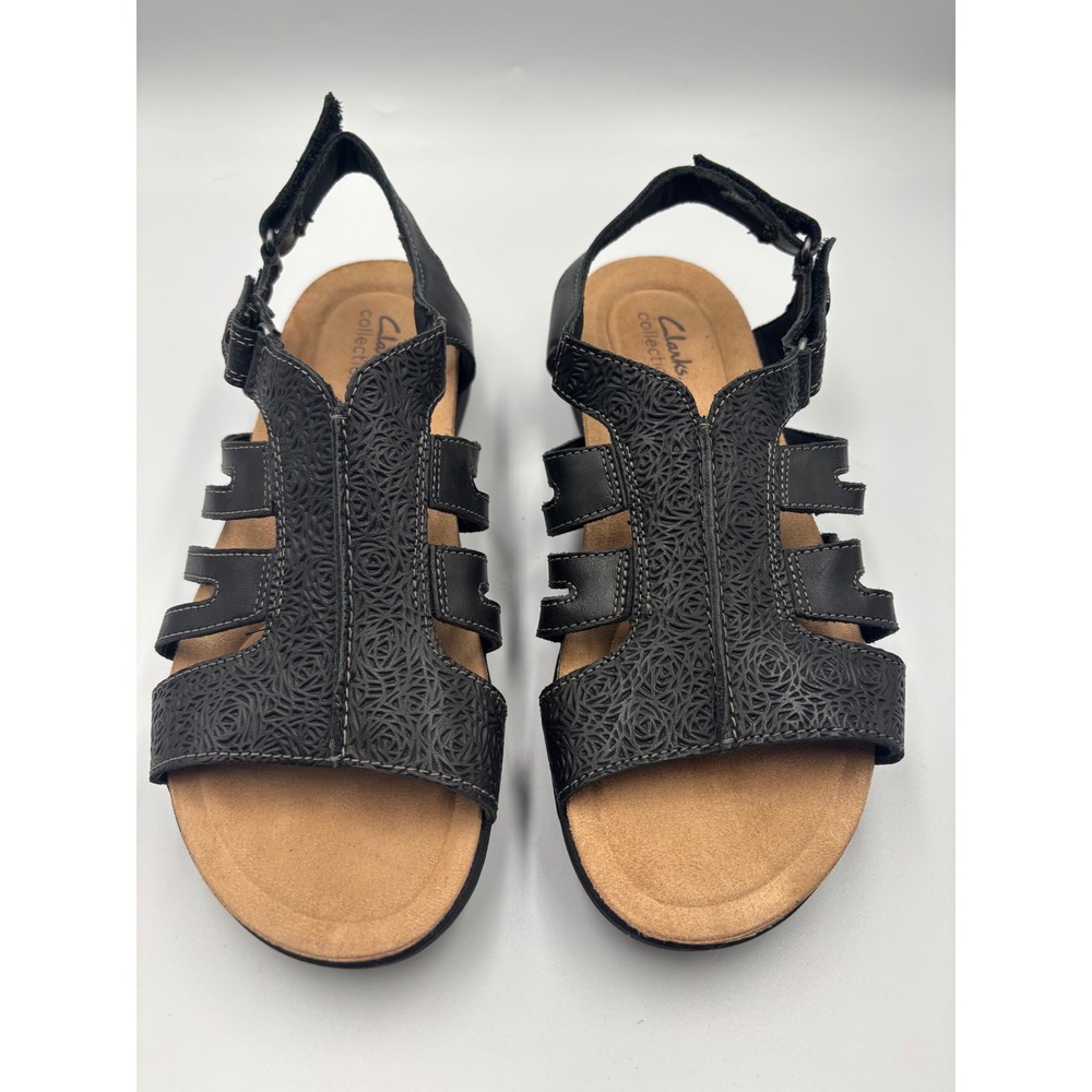 Clarks Collection Black Leather Floral Debossed Comfort Sandals Womens 9M